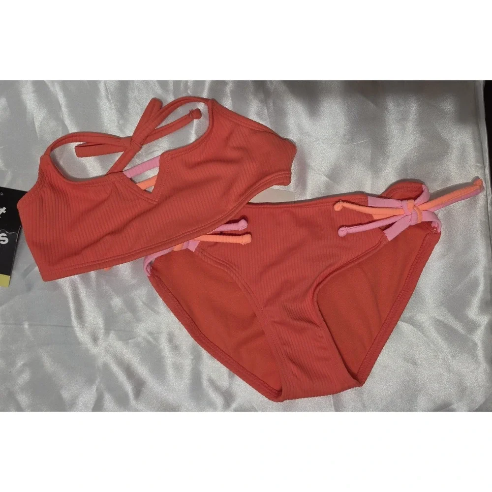 Art Class Girls Bikini XS 4/5 Coral Ribbed Strappy 2 Piece Swimsuit NWT UPF‎ 50+